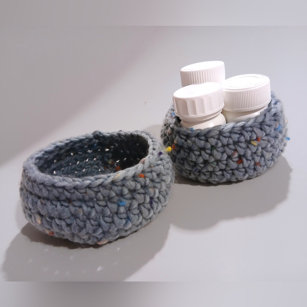 Handmade Crocheted Mini Storage Baskets Set of 2 Grey Speckled Yarn Home Decor